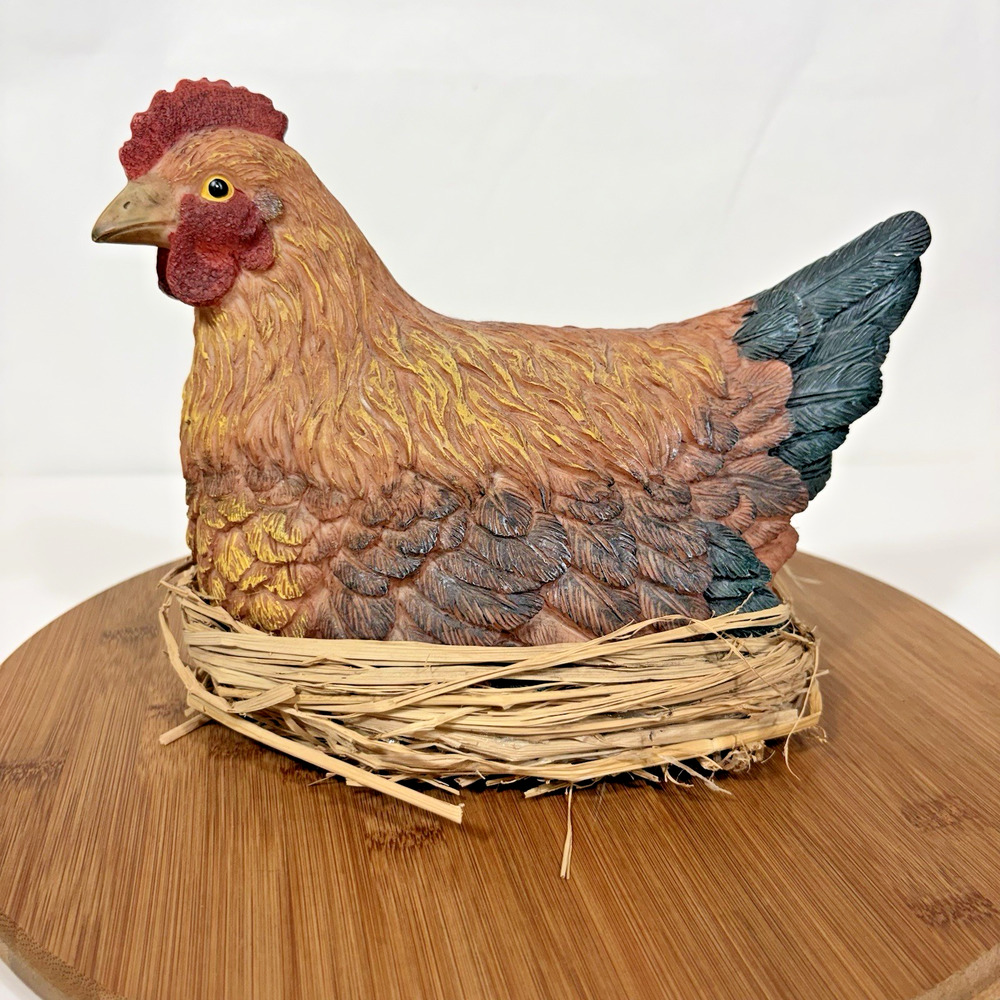 Chicken Laying Nest Rooster Decoration 7.5" Tall Resin Painted Kitchen Farm